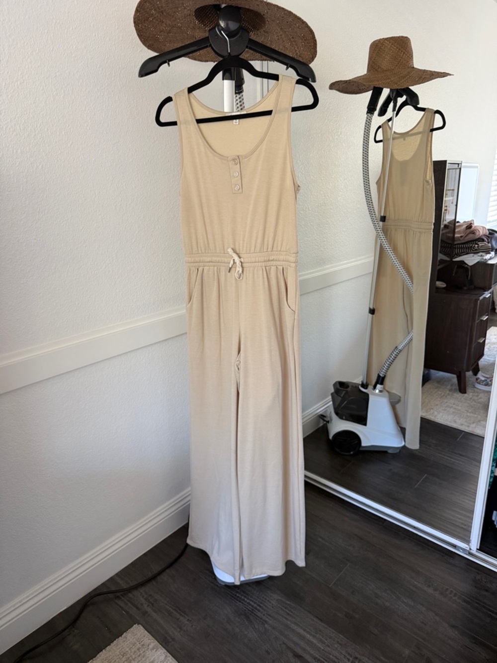 Francesca's Collections Sleeveless Drawstring Jumpsuit in Tan